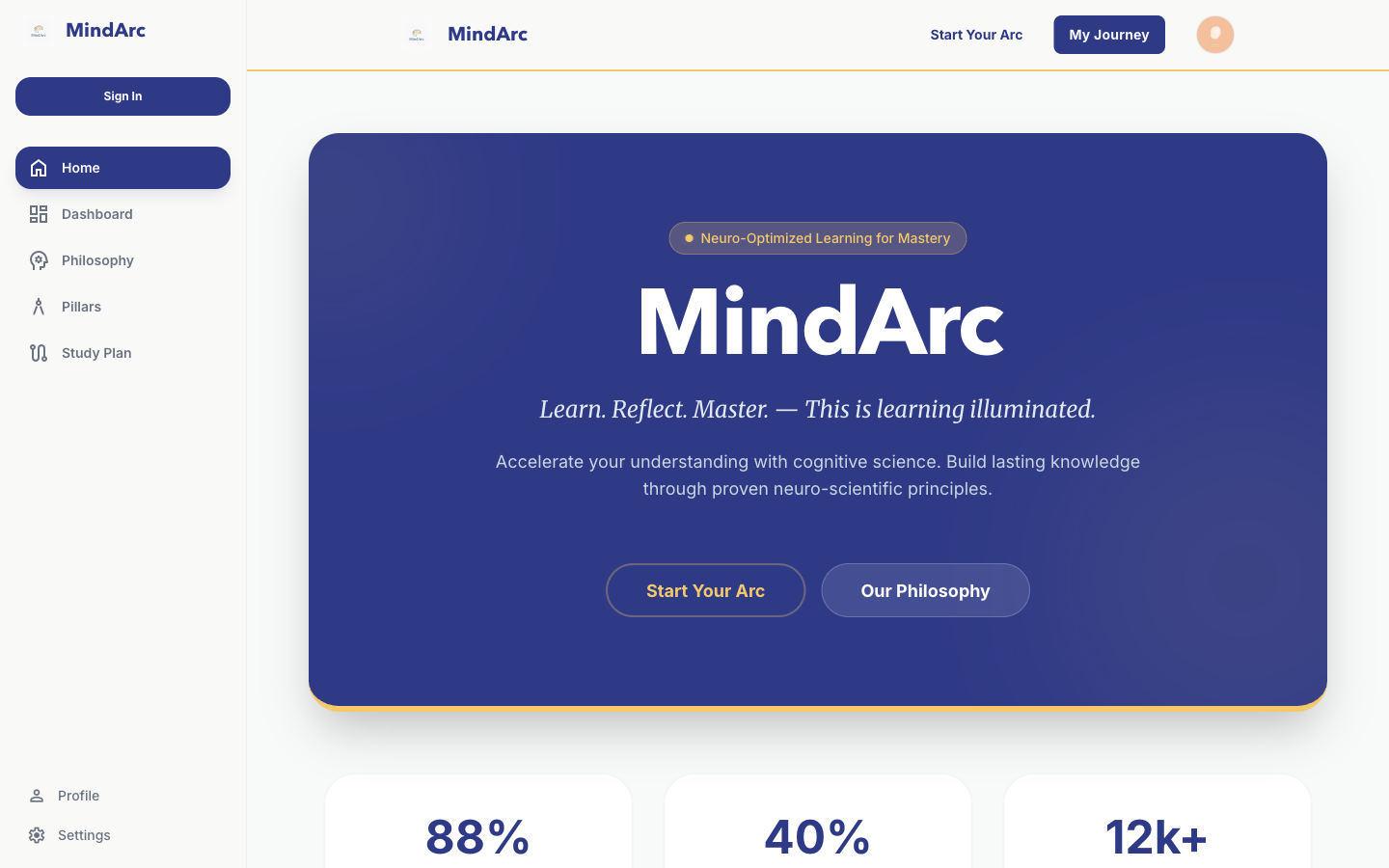MindArc homepage — real product UI