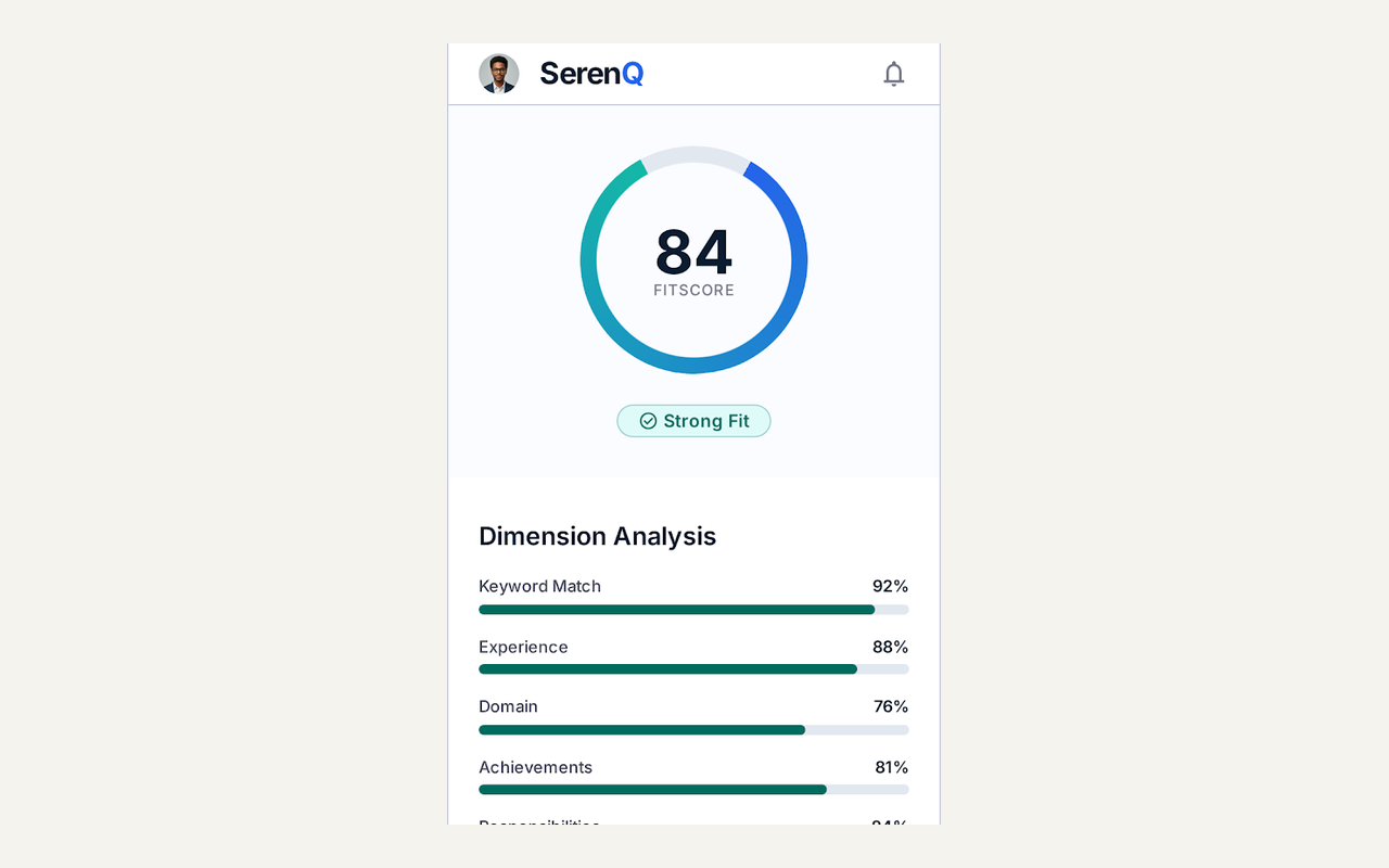 SerenQ FitScore™ report — score 84, Strong Fit