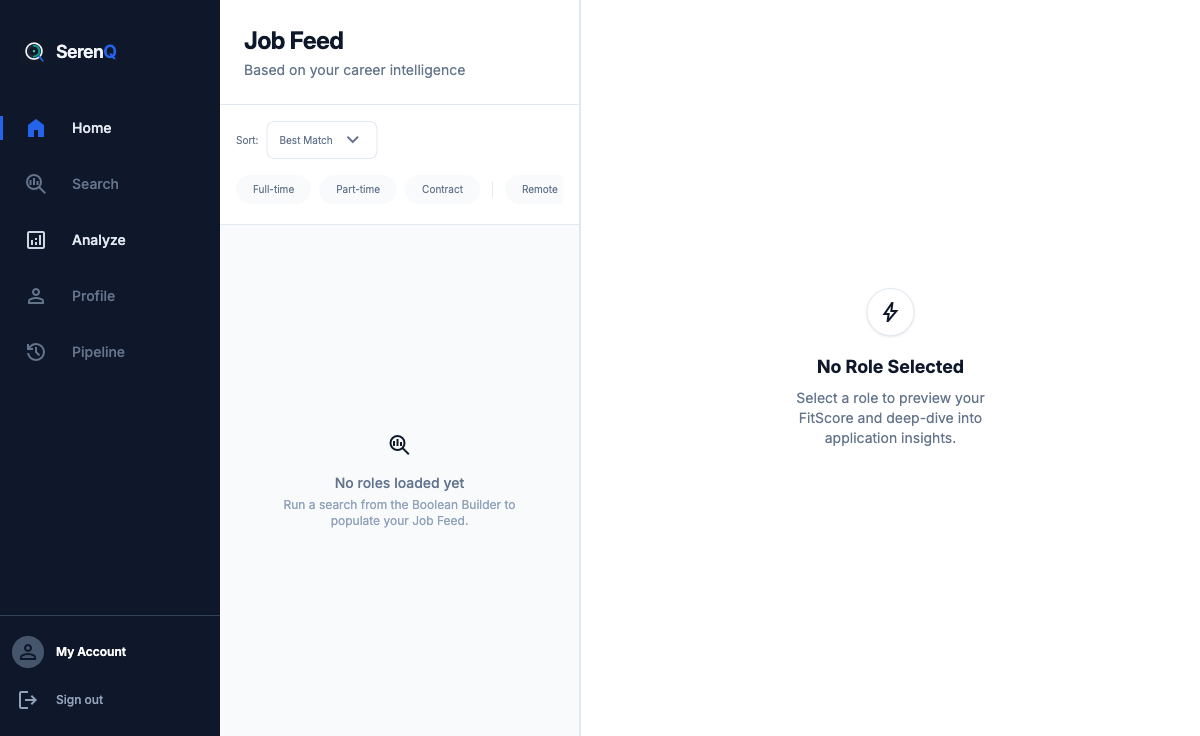 SerenQ Job Feed — real product UI